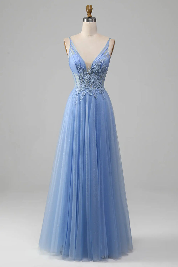 Beaded Blue Spaghetti Strap Tulle A-Line Prom Dress SH496 Sheer Fairy