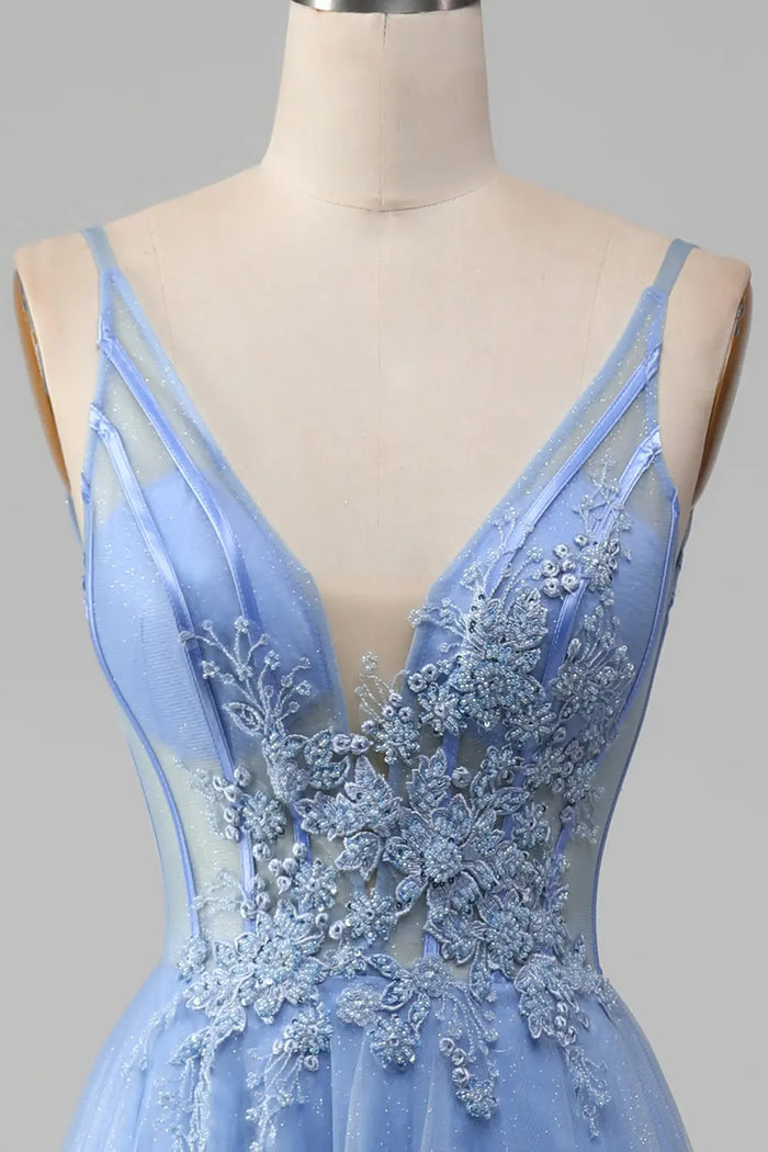 Beaded Blue Spaghetti Strap Tulle A-Line Prom Dress SH496 Sheer Fairy