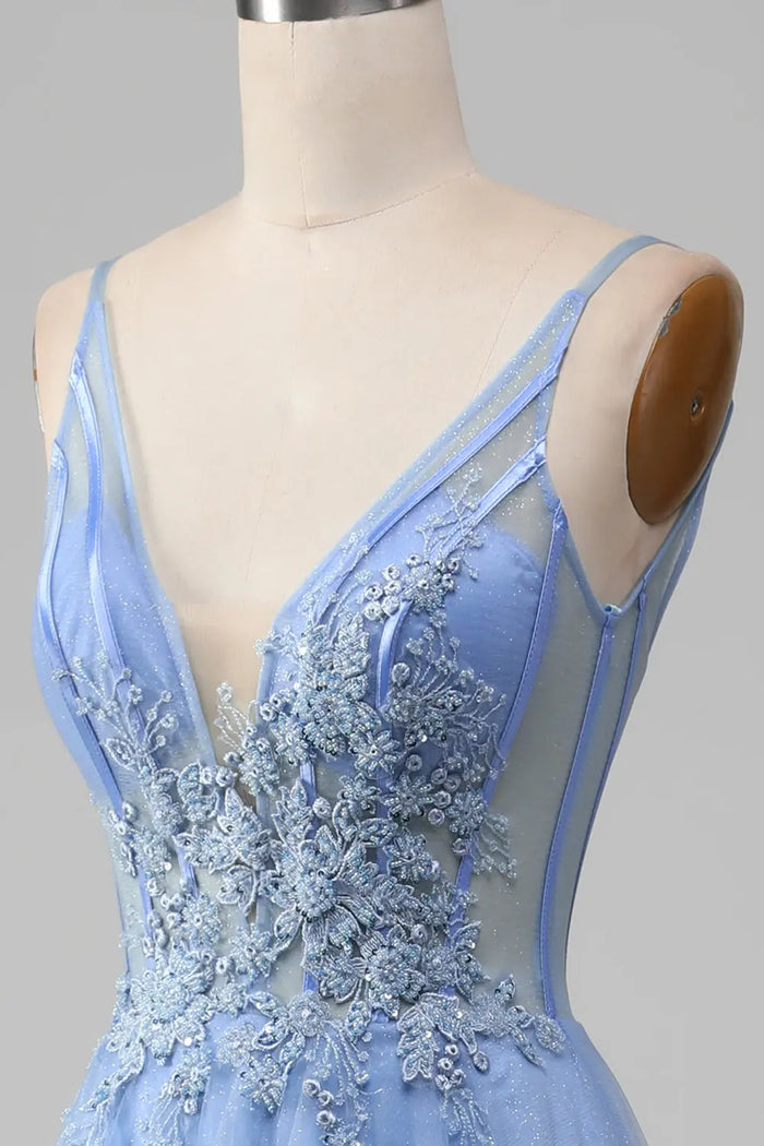 Beaded Blue Spaghetti Strap Tulle A-Line Prom Dress SH496 Sheer Fairy