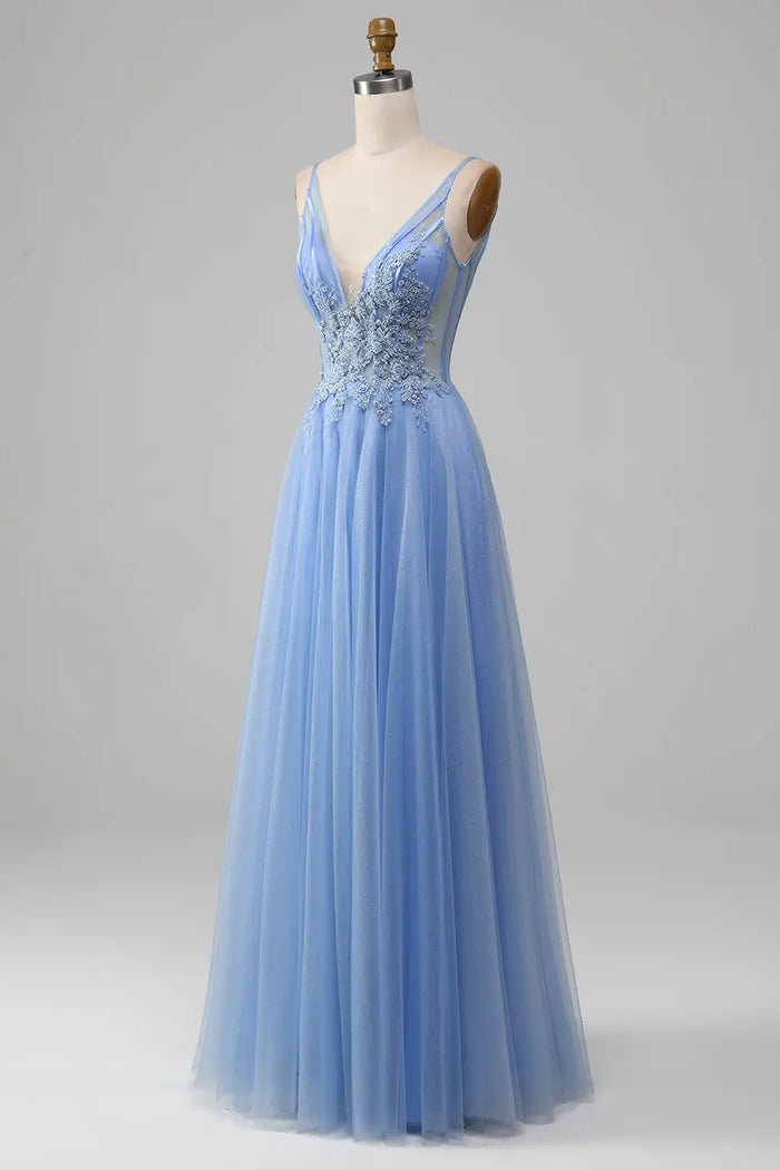Beaded Blue Spaghetti Strap Tulle A-Line Prom Dress SH496 Sheer Fairy
