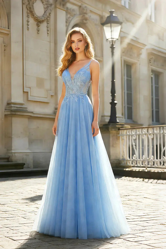 Beaded Blue Spaghetti Strap Tulle A-Line Prom Dress SH496 Sheer Fairy