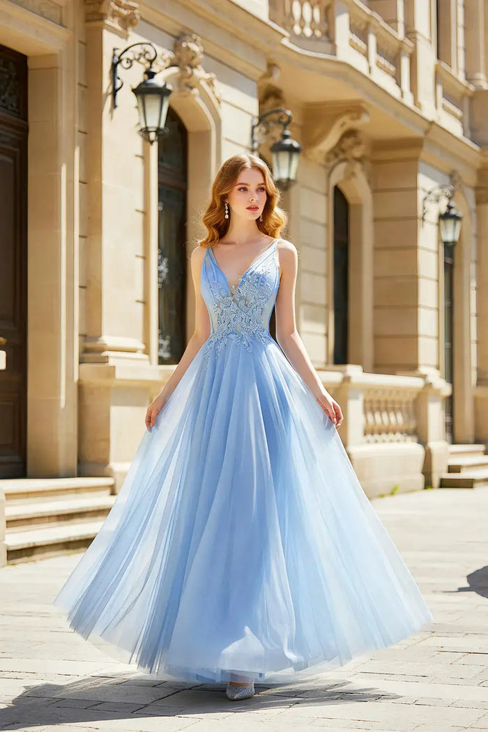 Beaded Blue Spaghetti Strap Tulle A-Line Prom Dress SH496 Sheer Fairy
