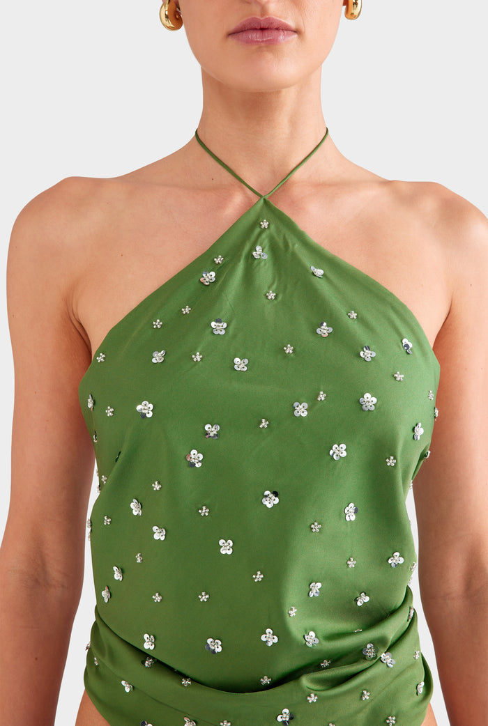 Beaded Silk Halter Scarf Top - Ivy Green/Beading