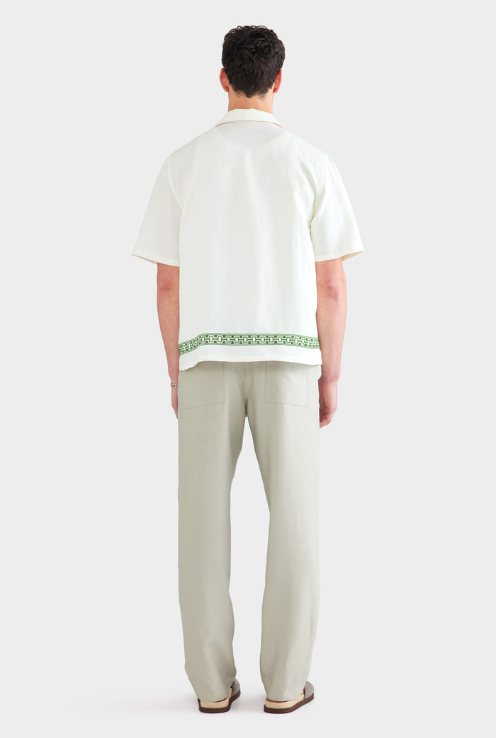 Beaded Silk Linen Camp Collar Shirt - Off White/Ivy Green