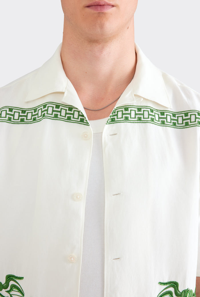 Beaded Silk Linen Camp Collar Shirt - Off White/Ivy Green