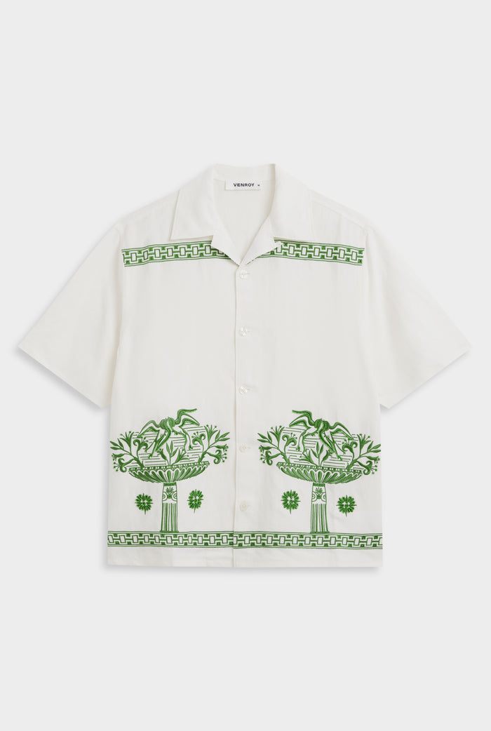 Beaded Silk Linen Camp Collar Shirt - Off White/Ivy Green