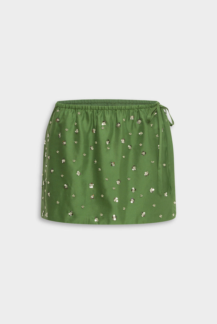 Venroy Beaded Silk Side Tie Mini Skirt - Ivy Green/Beading