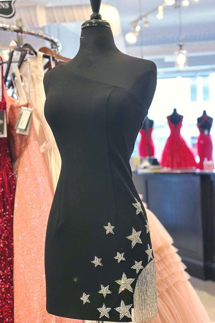 Beaded Stars Red One-Shoulder Short Homecoming Dress