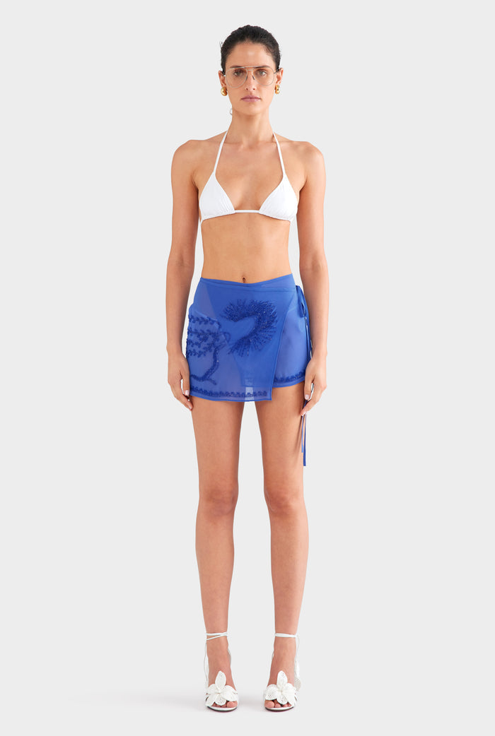 Beaded Wrap Mini Skirt - Bright Blue/Beading