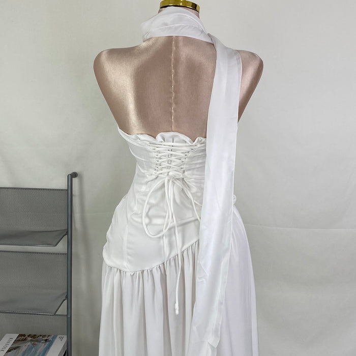 Belted irregular plunging dress with frill trim