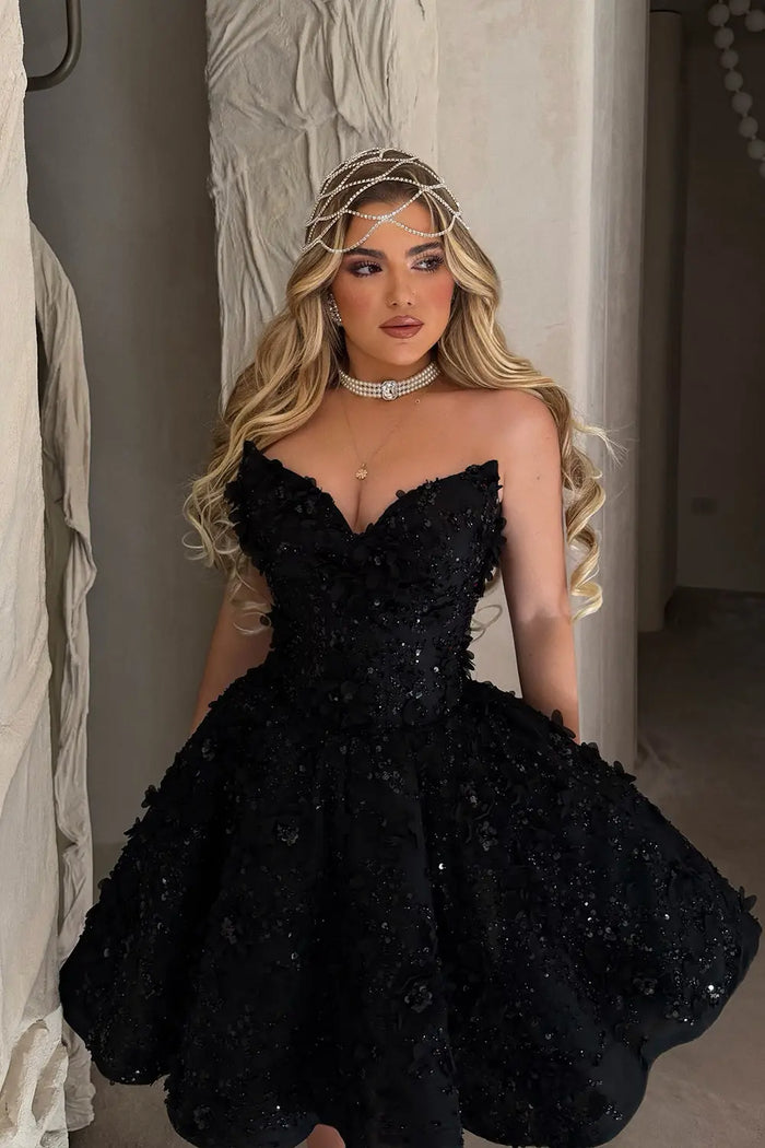 Black 3D Floral Beaded  Mini Ball Gown Homecoming Dress RM238 Sheer Fairy