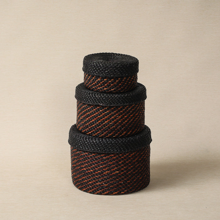 Black and Brown Round Lidded Stoage Basket