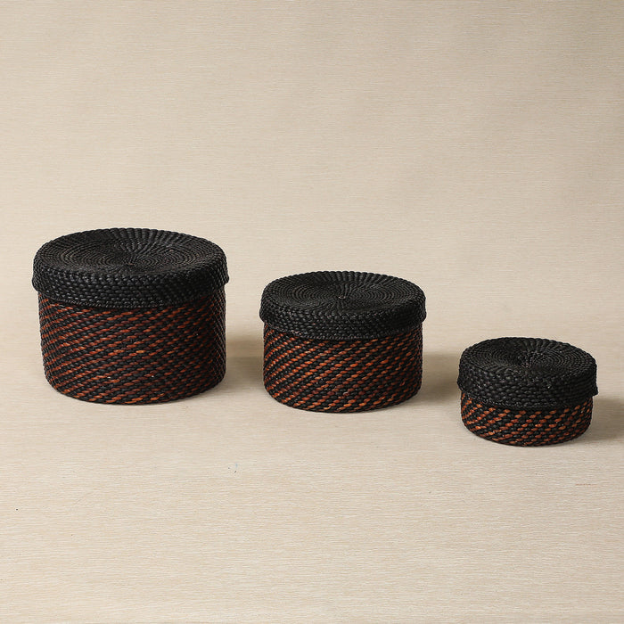 Black and Brown Round Lidded Stoage Basket
