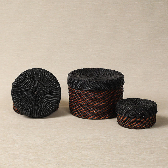 Black and Brown Round Lidded Stoage Basket