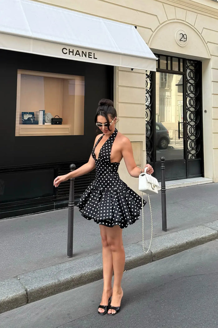 Black and White Polka Dot Halter Mini Dress Plunging V Neck Bubble Hem Party Dress RM253 Sheer Fairy