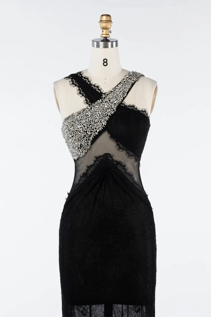 Black Asymmetrical Crystal Strap Sheer Lace Evening Gown ST045 Sheer Fairy