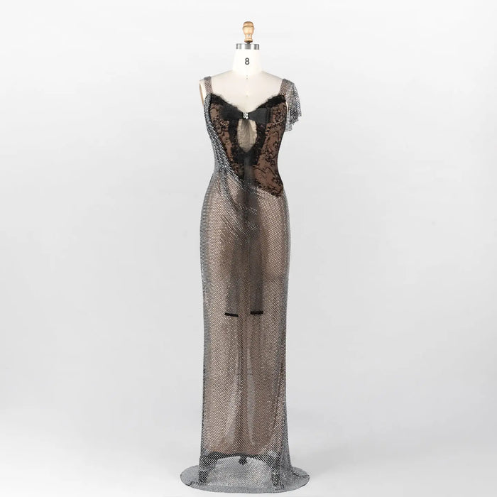Black Lace Patchwork Silver Sparkle Mesh Floor Length Evening Dress ST023 Sheer Fairy