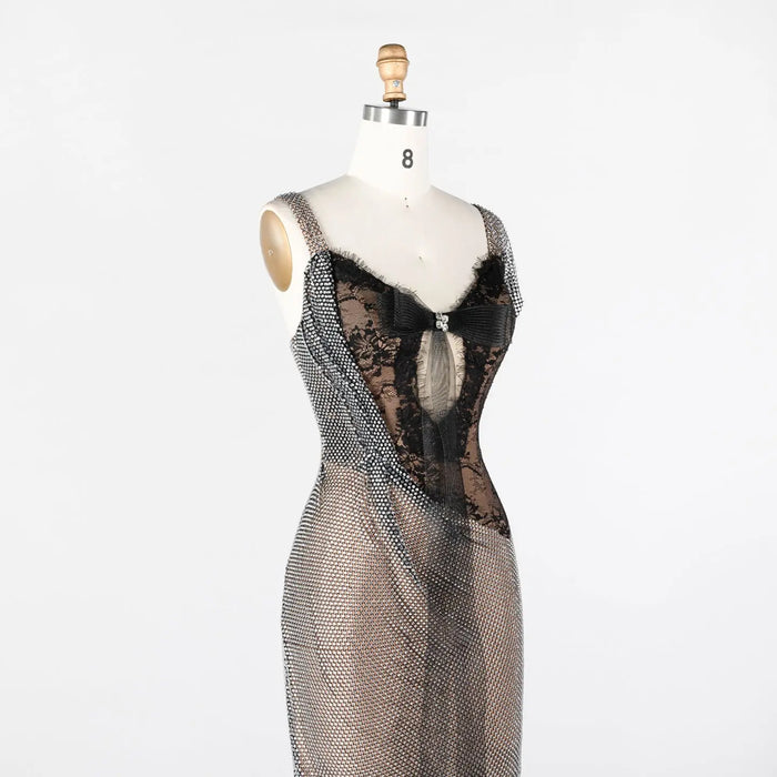 Black Lace Patchwork Silver Sparkle Mesh Floor Length Evening Dress ST023 Sheer Fairy