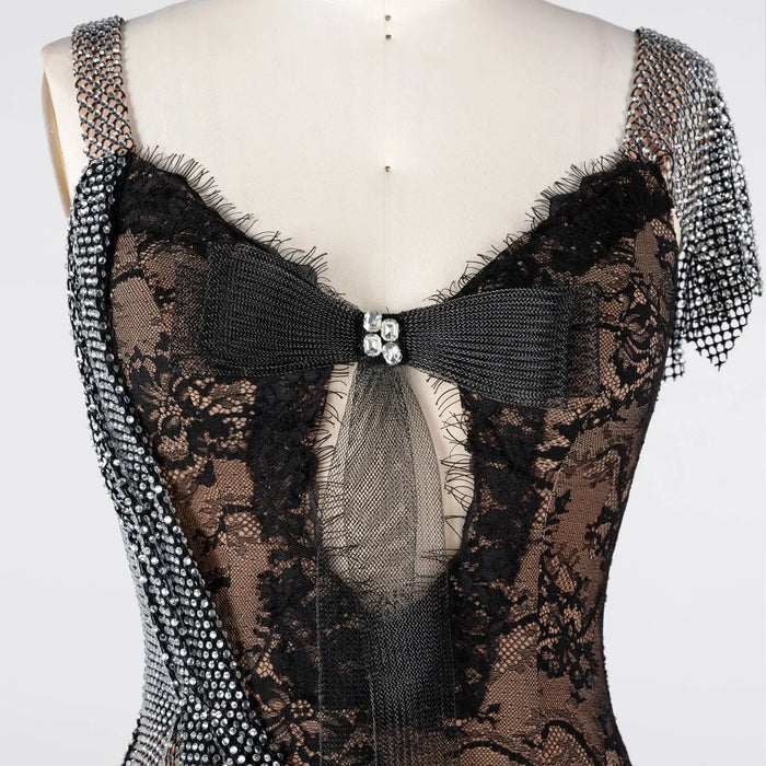 Black Lace Patchwork Silver Sparkle Mesh Floor Length Evening Dress ST023 Sheer Fairy
