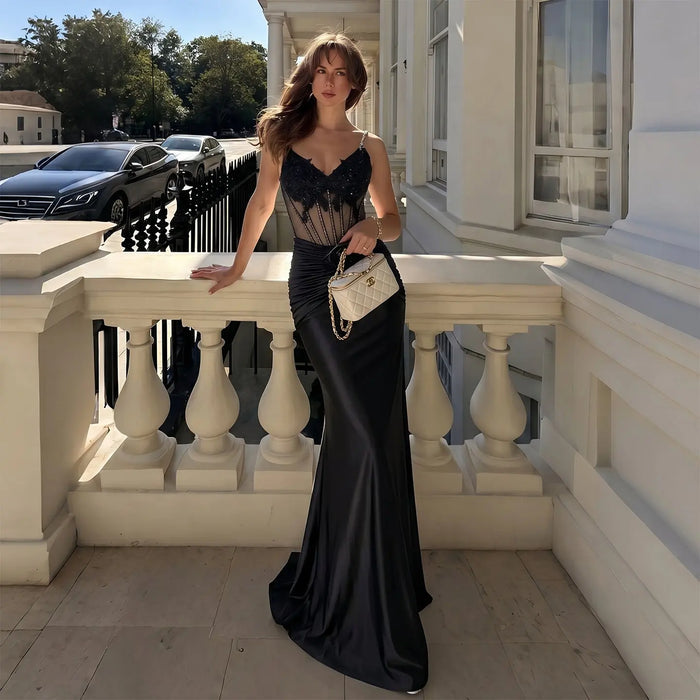 Black Satin Mermaid Luxury Beaded  Spaghetti Strap Prom Dress  Sequins Corset with ruched  SH094 Sheer Fairy