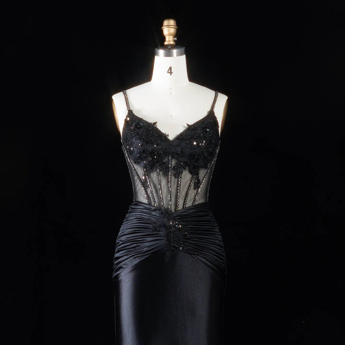 Black Satin Mermaid Luxury Beaded  Spaghetti Strap Prom Dress  Sequins Corset with ruched  SH094 Sheer Fairy