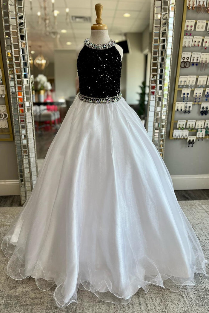Black Sequin Halter A-Line Girl Pageant Dress