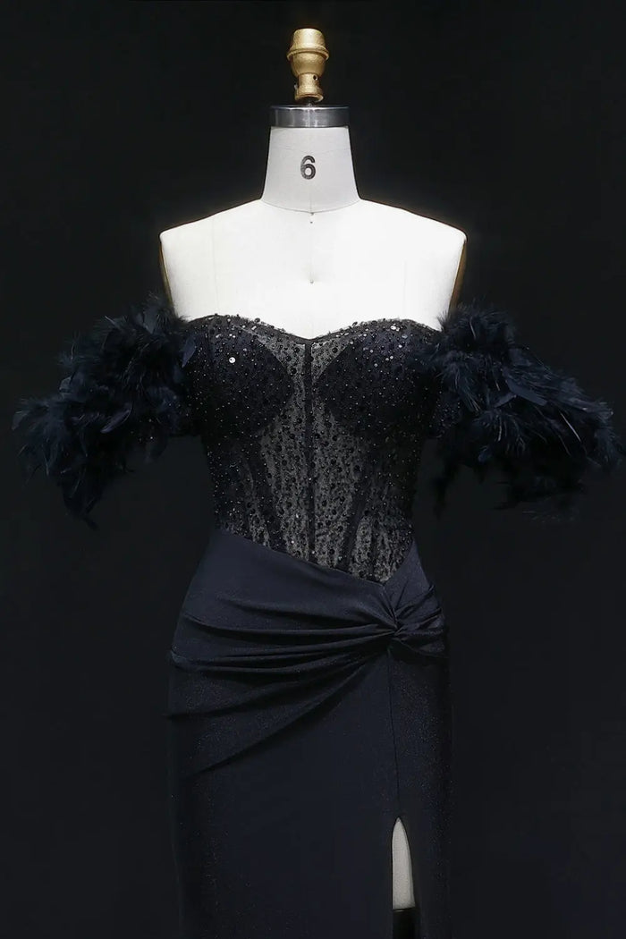 Black Sequin Sheath Off-the-Shoulder Feather Trim Prom Dress SH141 Sheer Fairy