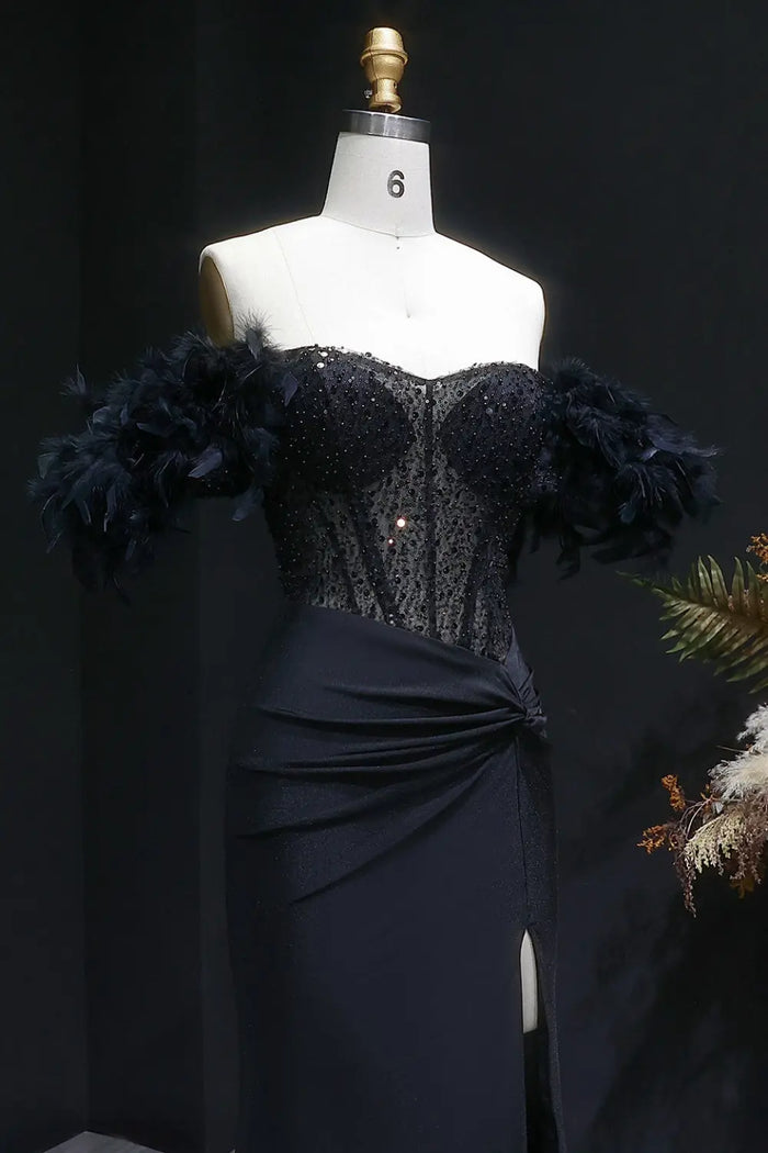 Black Sequin Sheath Off-the-Shoulder Feather Trim Prom Dress SH141 Sheer Fairy