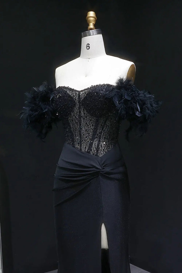 Black Sequin Sheath Off-the-Shoulder Feather Trim Prom Dress SH141 Sheer Fairy