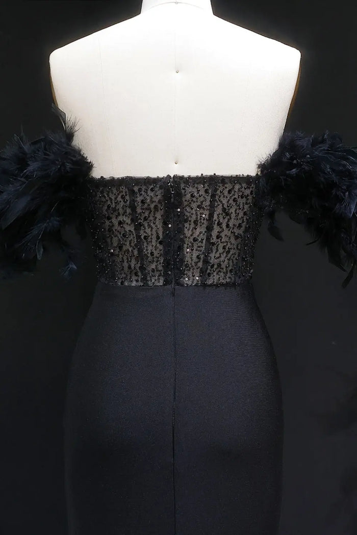 Black Sequin Sheath Off-the-Shoulder Feather Trim Prom Dress SH141 Sheer Fairy