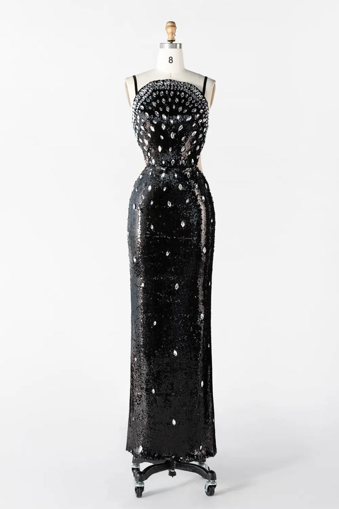 Black Sequin Spaghetti Strap Evening Dress Rhinestone Crystal Embellished Prom Dress ST016 Sheer Fairy