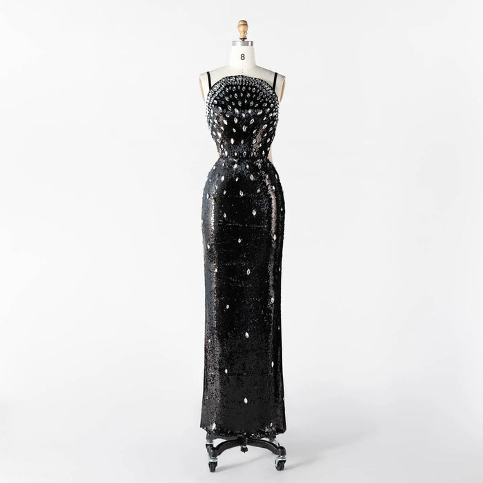 Black Sequin Spaghetti Strap Evening Dress Rhinestone Crystal Embellished Prom Dress ST016 Sheer Fairy