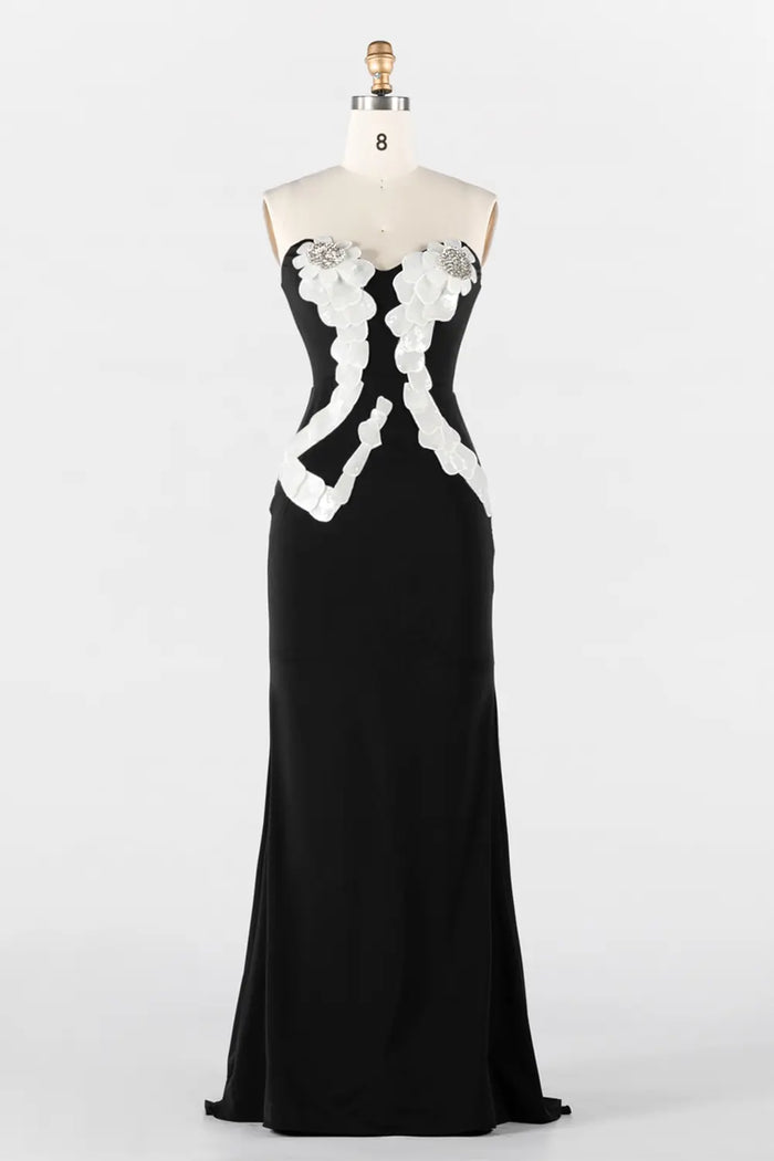 Black Strapless 3D Floral Applique Maxi Evening Dress ST033 Sheer Fairy