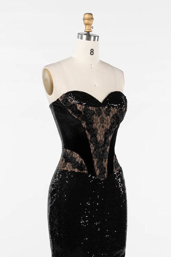 Black Strapless Corset Bodice Sequin Evening Gown ST047 Sheer Fairy