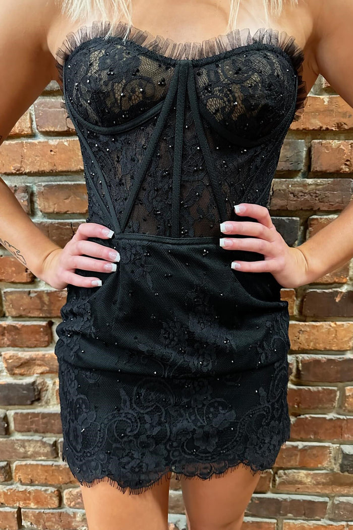Black Strapless Eyelash Lace Short Dress