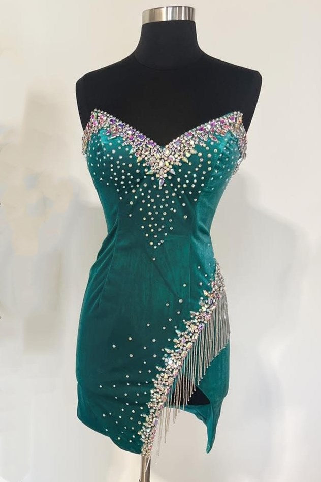 Black Velvet Strapless Beaded Short Cocktail Dress with Tassels