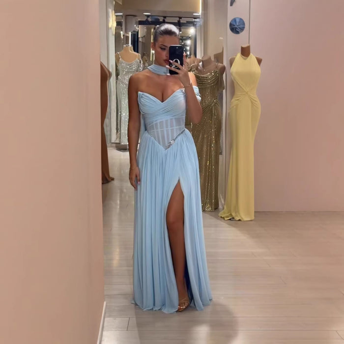 Blue Chiffon Off-the-Shoulder Prom Evening Dress With Scarf Slit LA73650