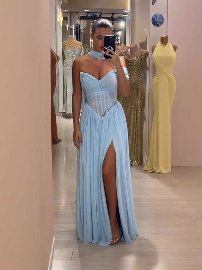 Blue Chiffon Off-the-Shoulder Prom Evening Dress With Scarf Slit LA73650