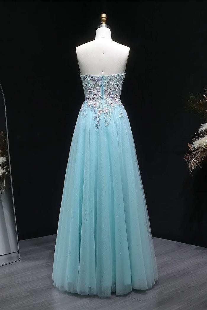 Blue Glitter Tulle Strapless Sweetheart Ballgown Prom Dress SH119 Sheer Fairy