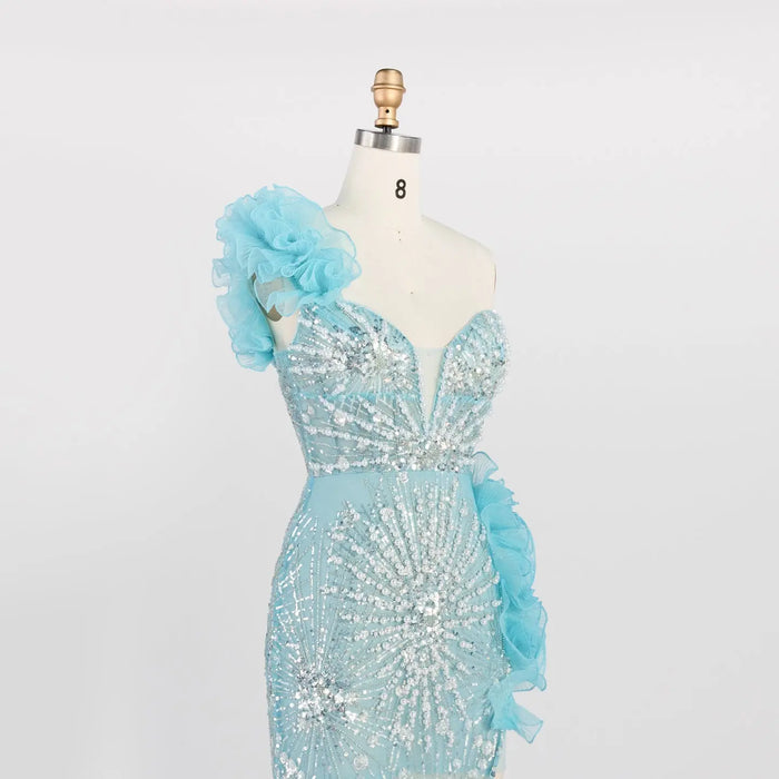 Blue One Shoulder Sequin Prom Dress 3D Ruffle Flower High Slit Evening Gown ST012 Sheer Fairy