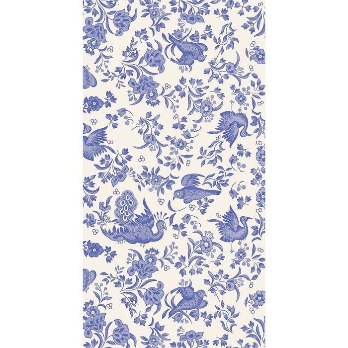 Blue floral and bird pattern on a white background
