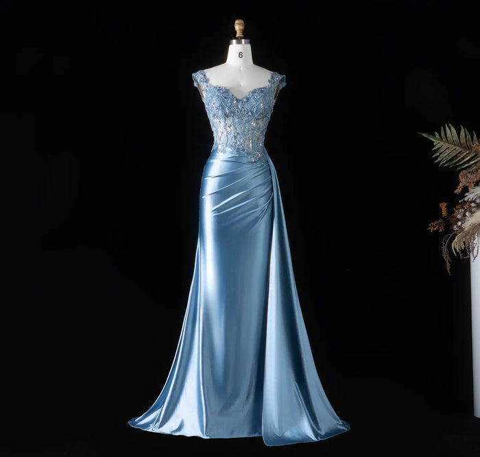 Blue Satin Mermaid Prom Dress Sweetheart Luxury Beaded Ruched Hip  SH092 Sheer Fairy