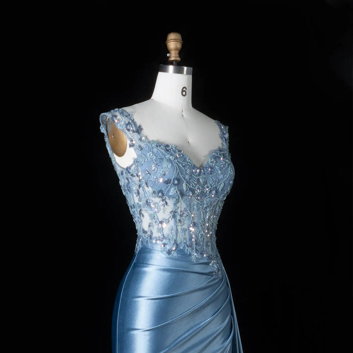 Blue Satin Mermaid Prom Dress Sweetheart Luxury Beaded Ruched Hip  SH092 Sheer Fairy