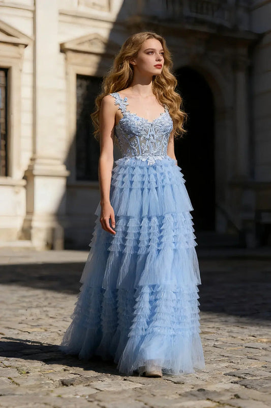 Blue Tiered Sheer Tulle Long Evening Dress SH359 Sheer Fairy