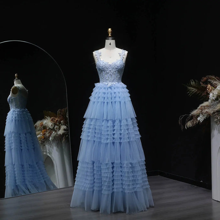 Blue Tiered Tulle Long Evening Dress SH359 Sheer Fairy