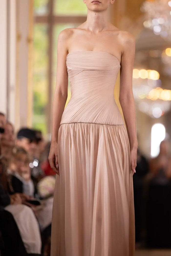 Blush Chiffon Strapless Ruched A-Line Pink Evening Dress SF024 Sheer Fairy