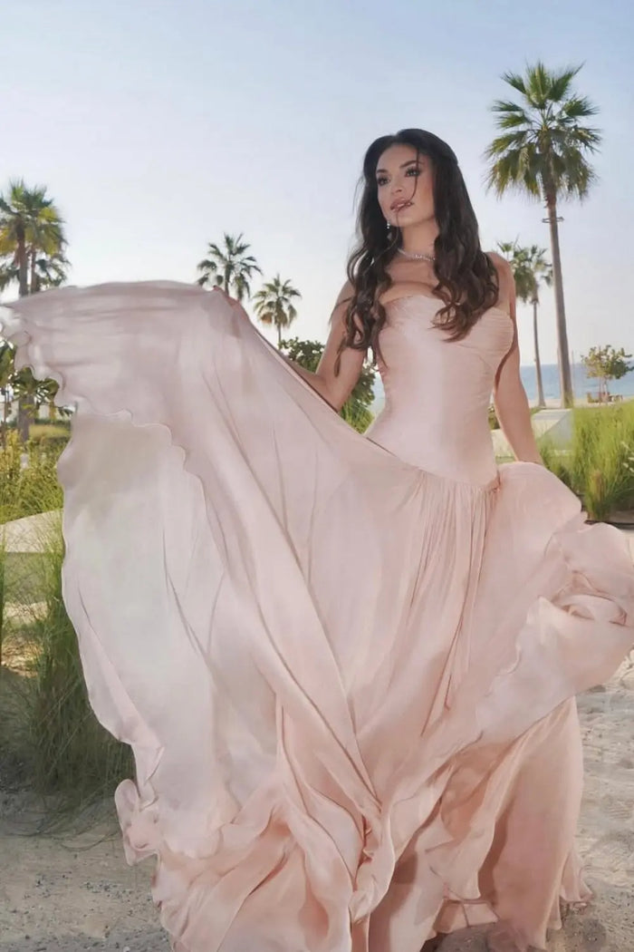 Blush Chiffon Strapless Ruched A-Line Pink Evening Dress SF024 Sheer Fairy