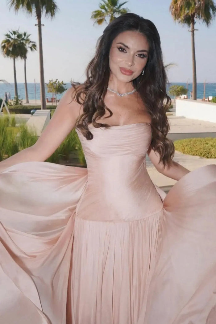 Blush Chiffon Strapless Ruched A-Line Pink Evening Dress SF024 Sheer Fairy