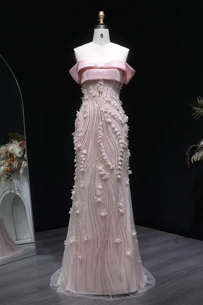 Blush Pink 3D Floral Mermaid Off-the-Shoulder Prom Dress SH148 Sheer Fairy