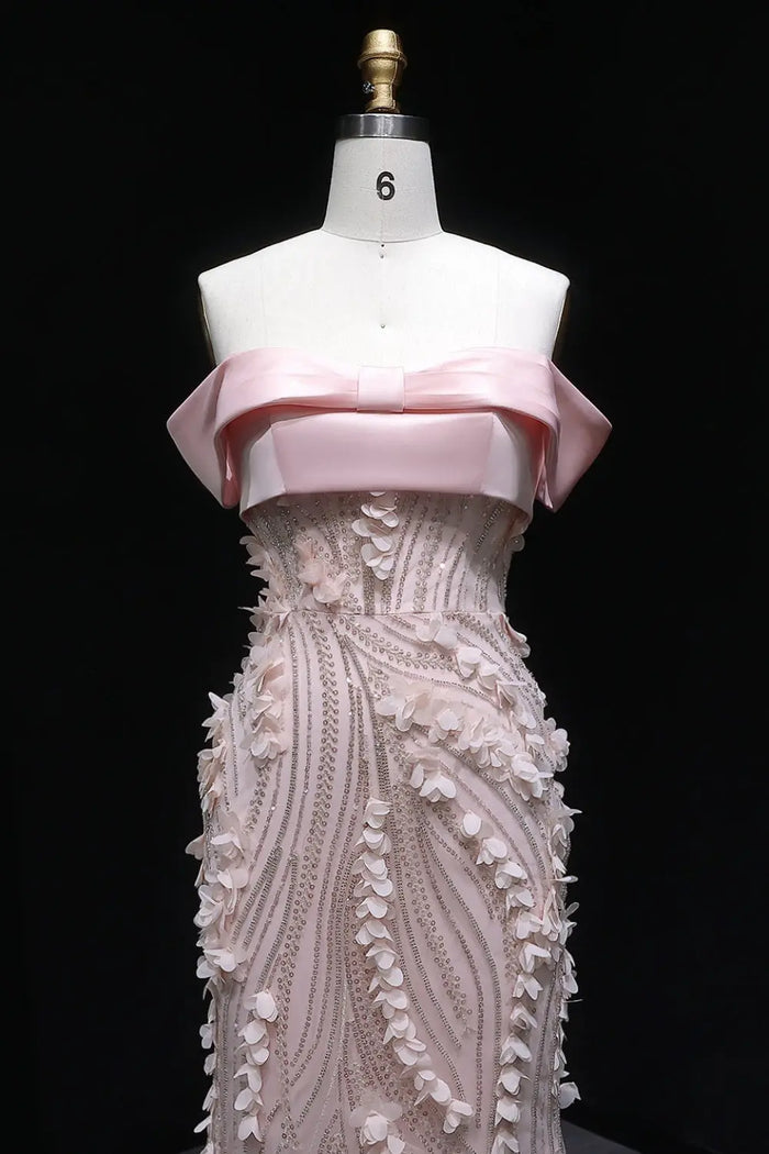Blush Pink 3D Floral Mermaid Off-the-Shoulder Prom Dress SH148 Sheer Fairy